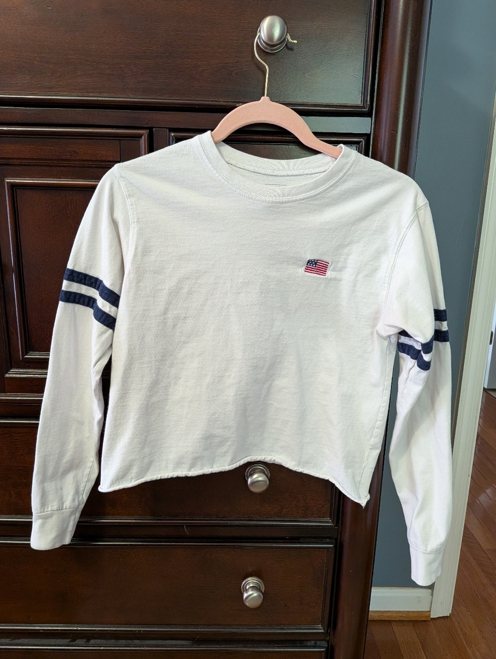 Mighty Fine White Long-Sleeve Tee with Navy Sleeve Stripes and Flag Patch